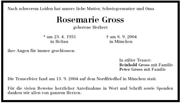 Herbert Rosemarie 23.4.1931-2004 Todesanzeige